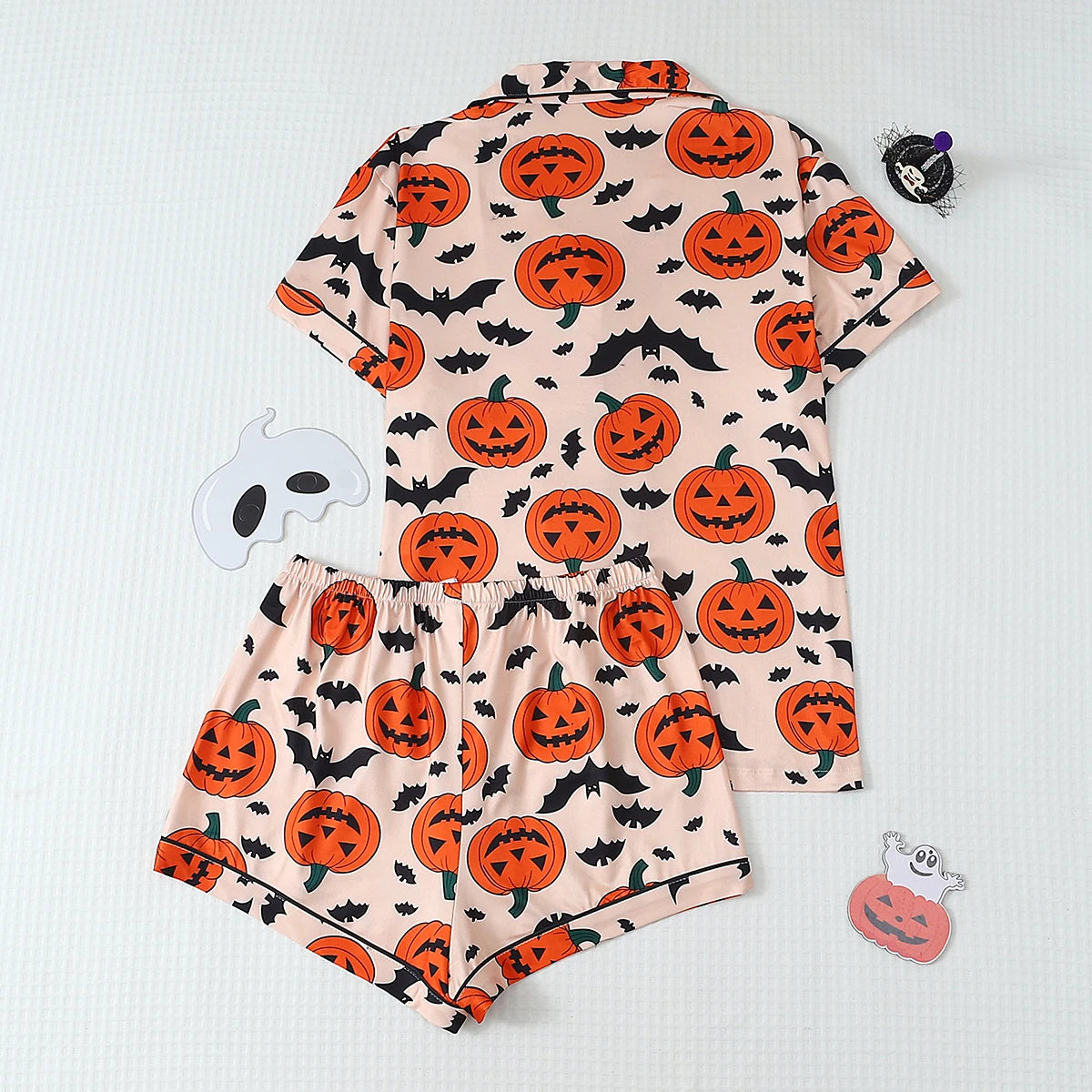 2-Piece Set of Quirky and Fun Apricot-Colored Halloween Pumpkin Print Spring/Summer Short-Sleeve Collared Top and Bow Shorts Women's Pajama Set Loungewear Suitable for Halloween
