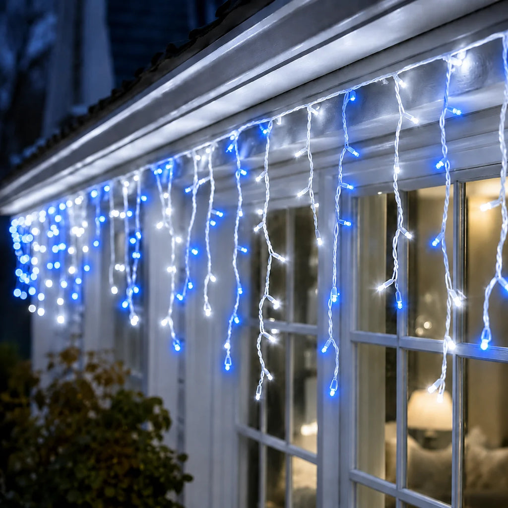 Christmas Icicle Lights USB Blue White 6/10M Alternating LED String Lights Hanging Drops for Roof Eaves Window Holiday Decor