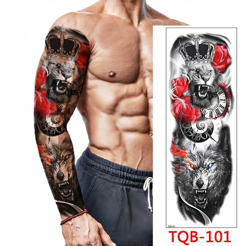 Large Arm Tattoo Sticker Full Sleeve Temporary Tattoos for Men Fish Wolf Tiger Tattoo Fake Tatoo for Women Waterproof Body Art