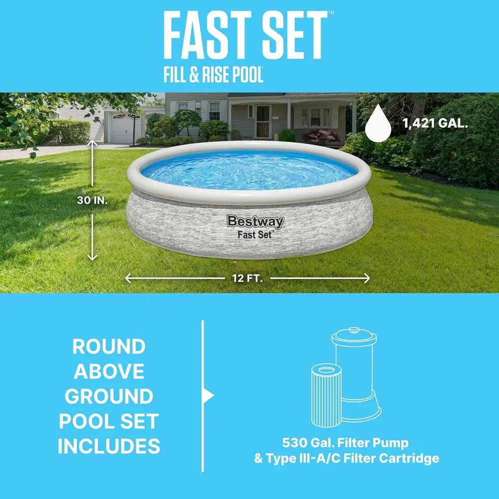 12' x 30 Round Above Ground Swimming Pool Set with Stacked Stone Exterior, Outdoor Family Pool, Gray