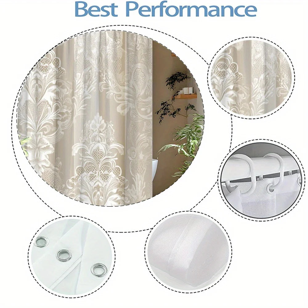 Elegant Luxury Damask Print Shower Curtain Waterproof Beige Gold Bathroom Shower Curtain Liner for Home Decor