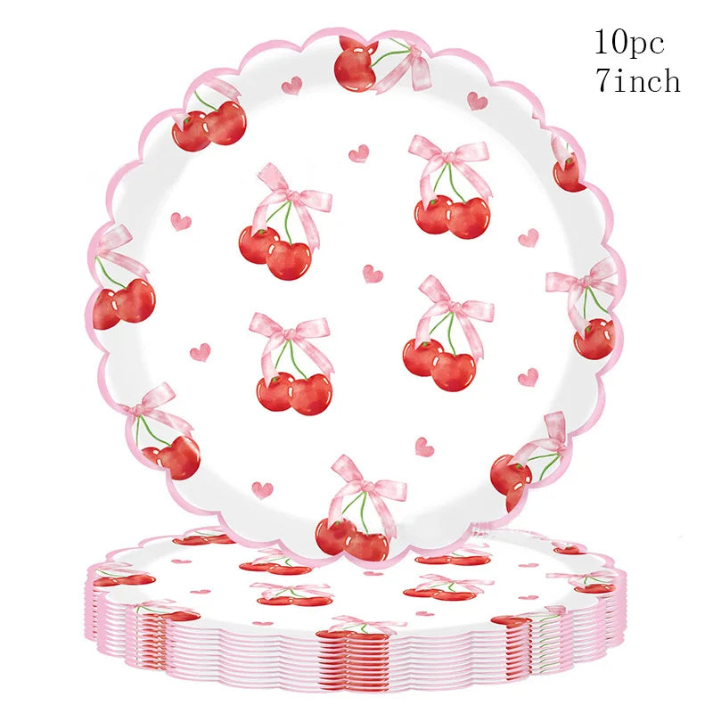 Sweet Cherry Party Disposable Tableware Pink Bow Gingham Plates Cups Napkins For Girl Happy Birthday Princess Baby Shower