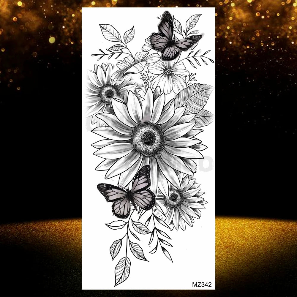 Realistic Black Rose Flower Temporary Tattoos Fake Waterproof Tatoo Body Art Arm Leg Floral Peony Bloosom Tattoo Stickers Makeup