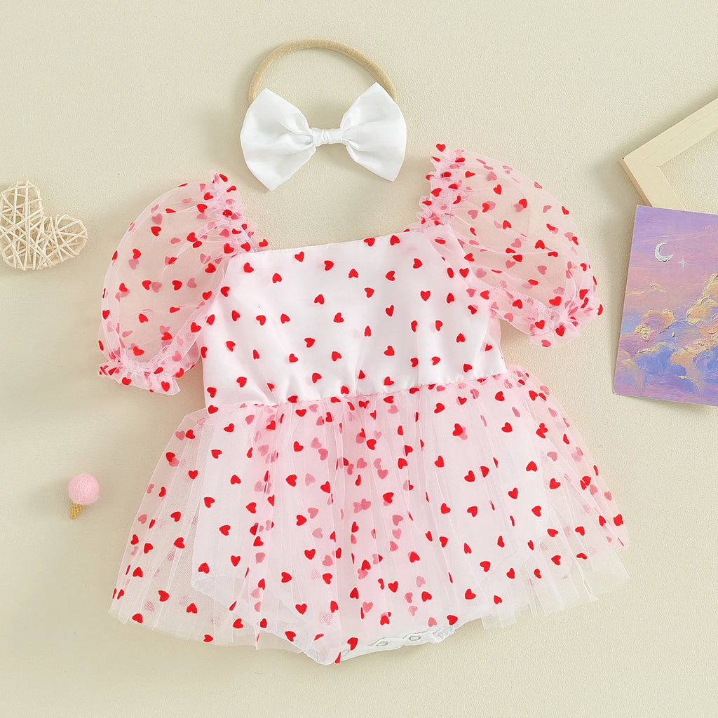 Pudcoco Newborn Infant Baby Girl Outfit, Short Sleeve Heart Print A-line Romper Dress with Bowknot Headband Clothes 0-18M
