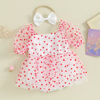 Pudcoco Newborn Infant Baby Girl Outfit, Short Sleeve Heart Print A-line Romper Dress with Bowknot Headband Clothes 0-18M