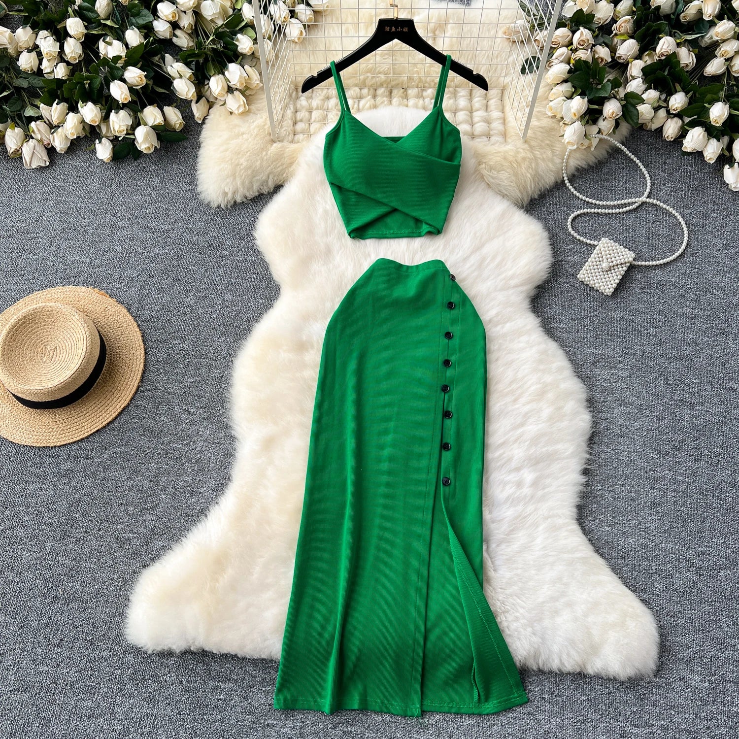 Foamlina Summer Sexy 2 Pieces Set for Women Solid V Neck Sleeveless Crop Camis Top and High Elastic Waist Split Long Skirt Suits