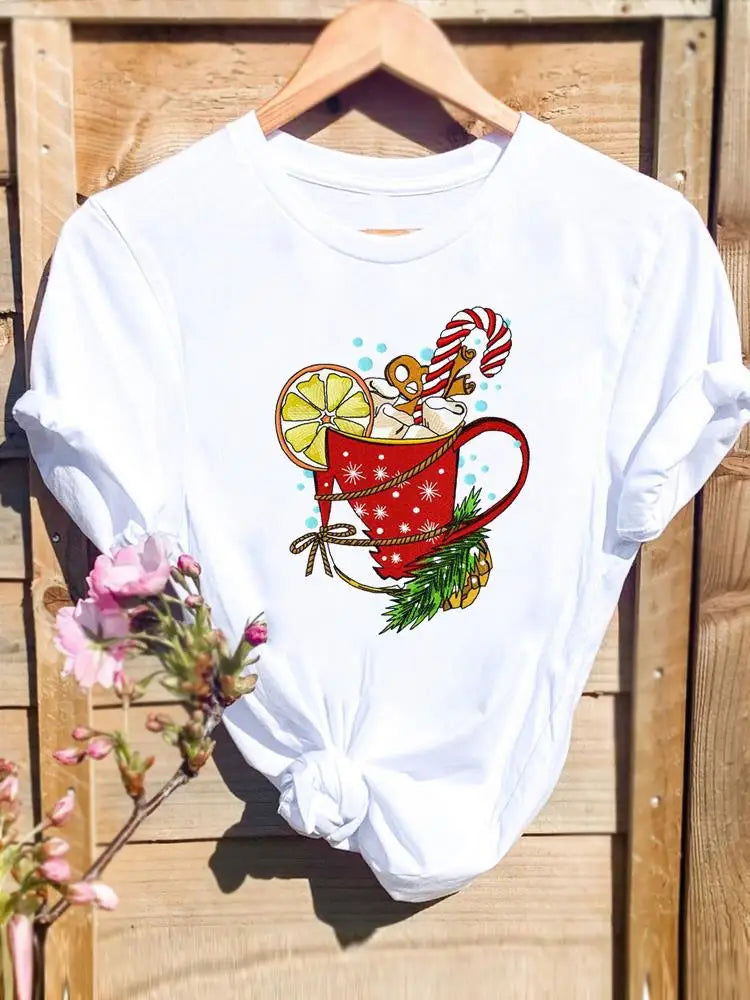 Merry Christmas New Year Holiday Graphic T Tee Fashion Cat Tree Lovely 90s Cute Harajuku Kawaii T-shirt Women's Y2K Clothing