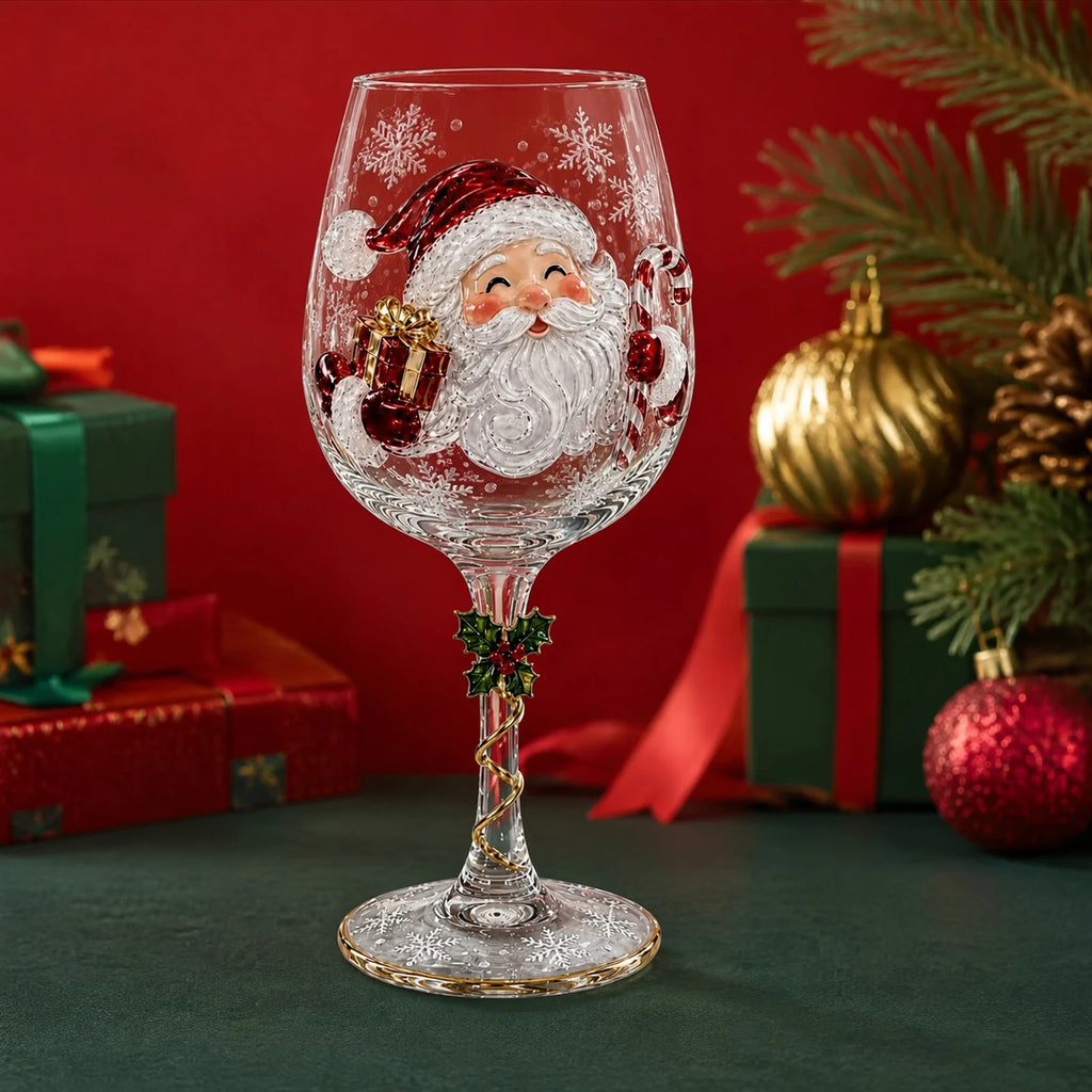 Holiday Stemware Christmas Wine Glass 2D Art Santa Snowman Reindeer Clear Goblet Party Cup