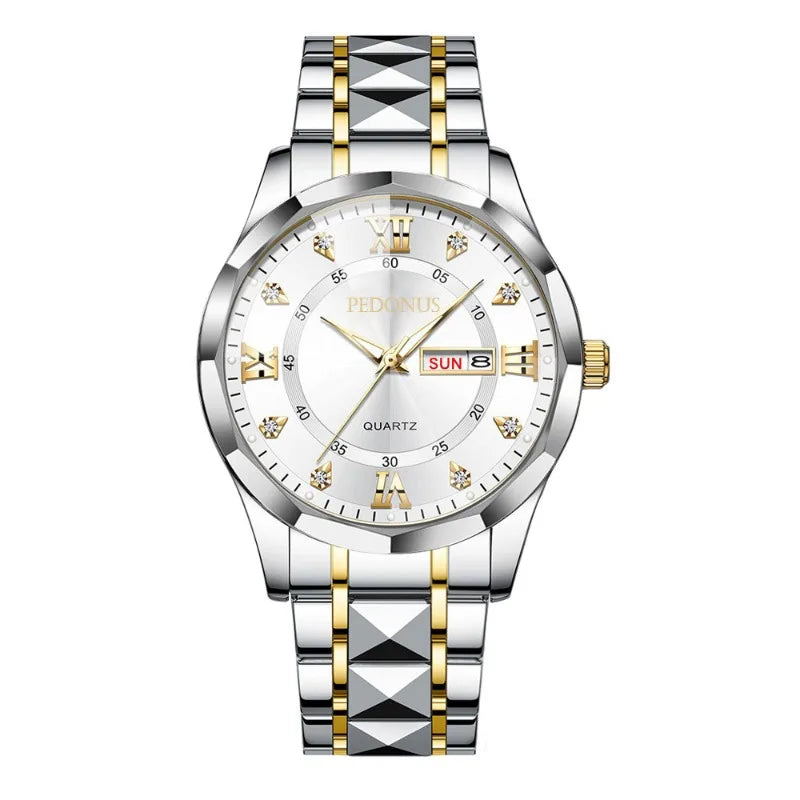 Men's Watch, Fashion Casual Luminous Double Calendar Steel Strap Quartz Watch