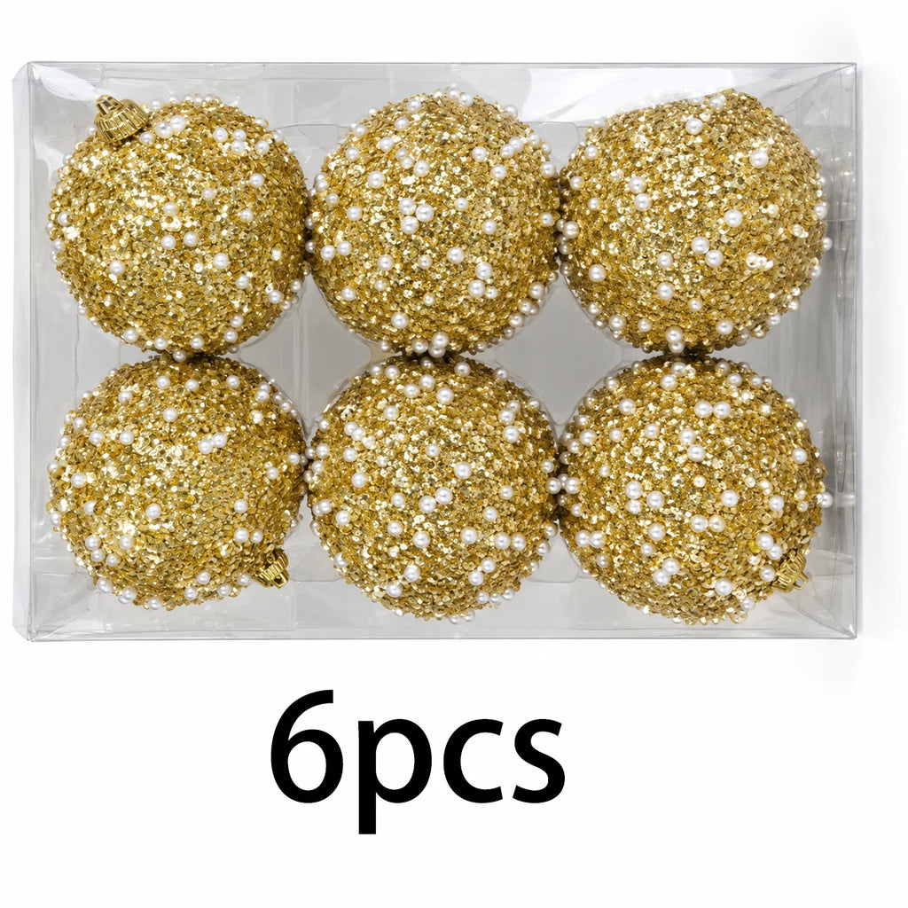 6PCS Gold Christmas Ball Ornaments, Pearl Sequin Baubles 8cm Glitter Hanging Balls Xmas Tree Holiday Decor