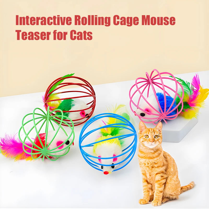Interactive Cat Toy, Indoor Mouse Toy with Wire Cage for Tossing and Self Play, Boredom Buster for Cats