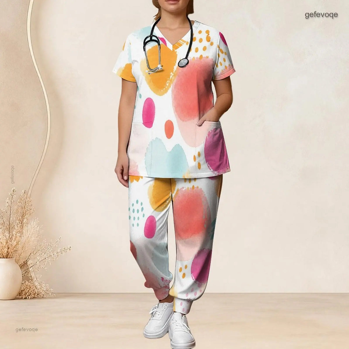 Printed Scrub Set for Women V Neck Short Sleeve Pocket Top Long Pants Two Piece