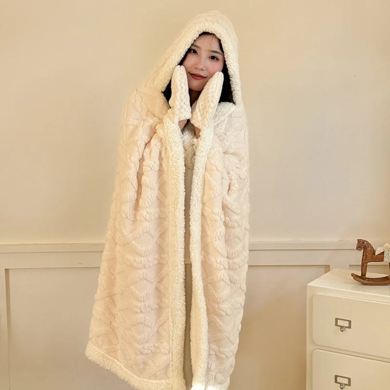 New Taffeta Fleece Hooded Blanket Warm Sherpa Lined Blankets with Giant Pocket Solid Color Skin-Friendly Office Nap Plush Cloak
