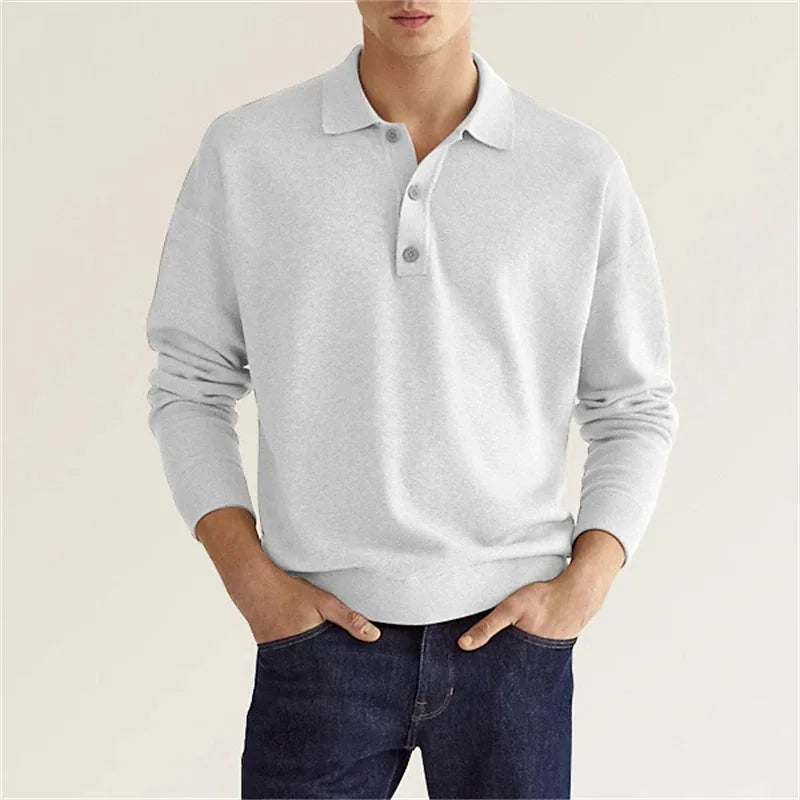 Men Long Sleeve Polo Shirt V Neck Button Up Casual Autumn Basic Solid Color Knitwear Tops For Men