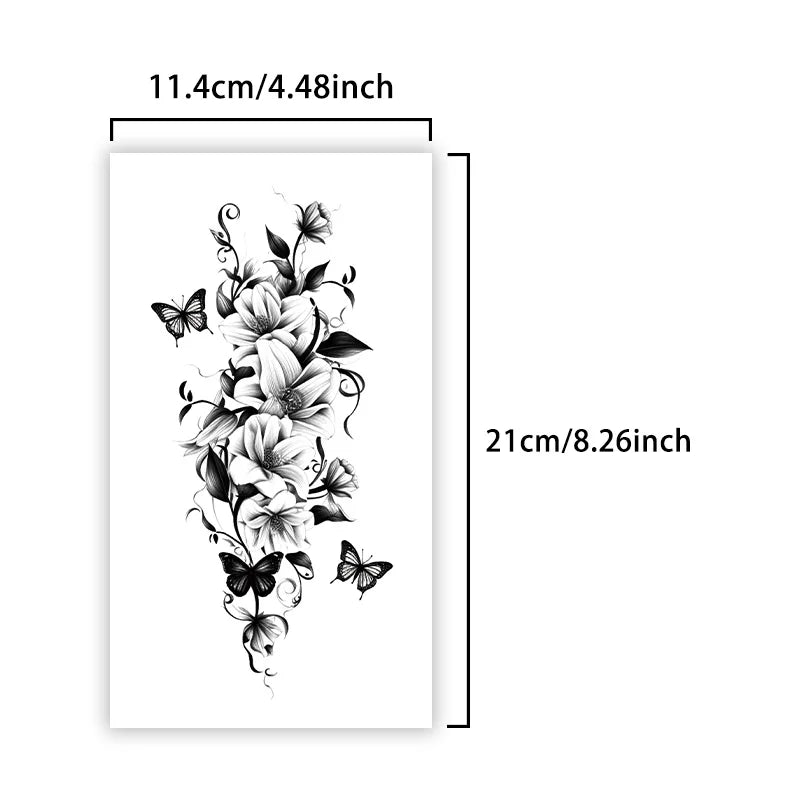 Flower & Butterfly Temporary Tattoo Sticker, Long-lasting and Waterproof, Realistic Fake Tattoos for Women, For Arm, Chest, Leg