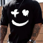 Men's summer 100% pure cotton fashionable casual sports loose trend smile graphic print round neck short sleeved T-shirt top