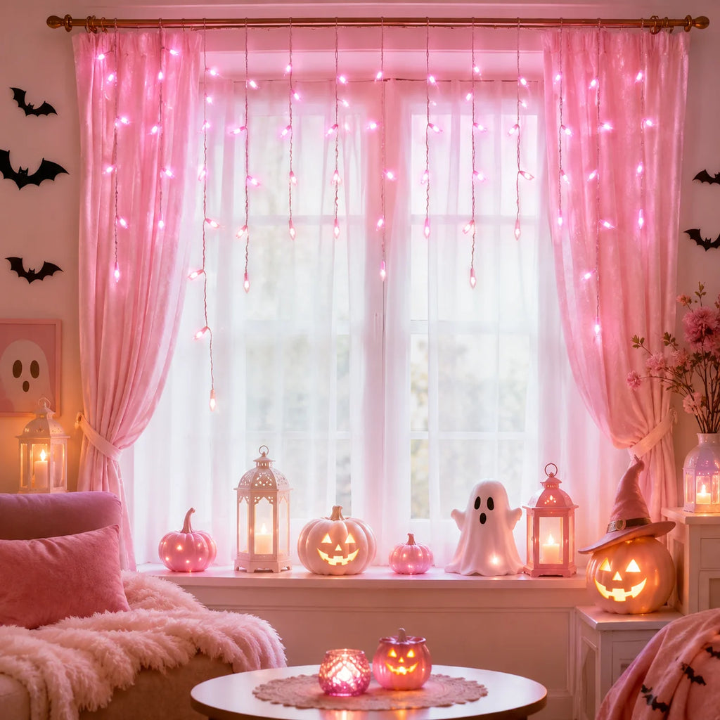 Halloween Lights USB Pink Icicle String Lights 6M 100LED/10M 200LED 8 Modes for Roof Eaves Window Porch Haunted House Decor