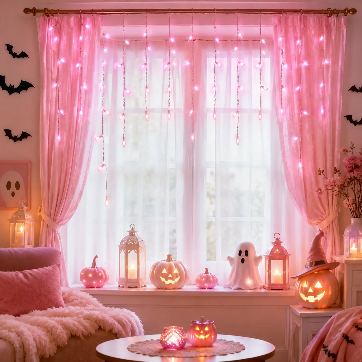 Halloween Lights USB Pink Icicle String Lights 6M 100LED/10M 200LED 8 Modes for Roof Eaves Window Porch Haunted House Decor