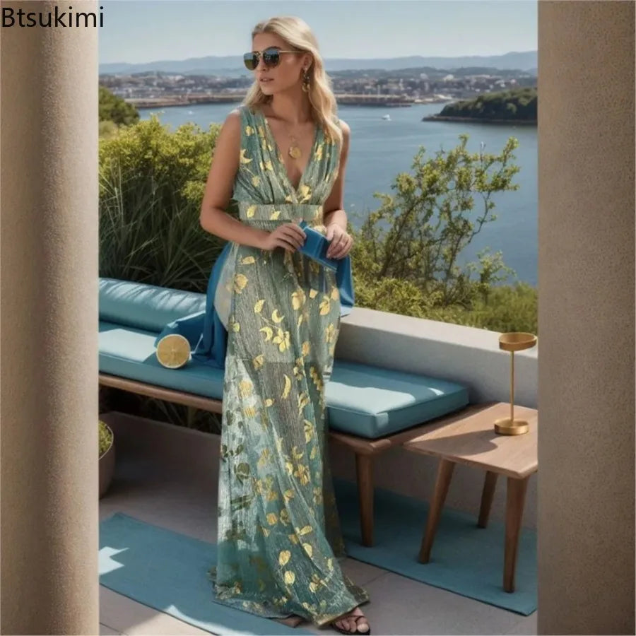 Sexy Deep V Neck Sleeveless Women's Party Gold Dresses Summer New Fashion Slim Waist Elegant Maxi Dress for Women Vestidos 2026
