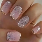Medium Square Fake Nails for Women Girls White Pink Nail Tips with Golden Silver Sparkling Glitters Frame Design Press On Nail