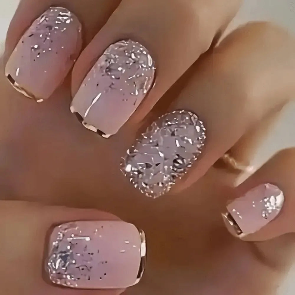 Medium Square Fake Nails for Women Girls White Pink Nail Tips with Golden Silver Sparkling Glitters Frame Design Press On Nail