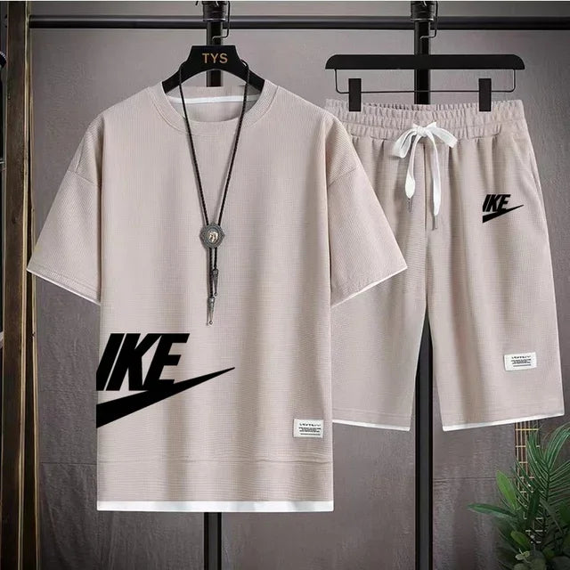 Summer fashion short-sleeved T-shirt + sports shorts set, men's casual jogging and fitness sportswear breathable two-piece set