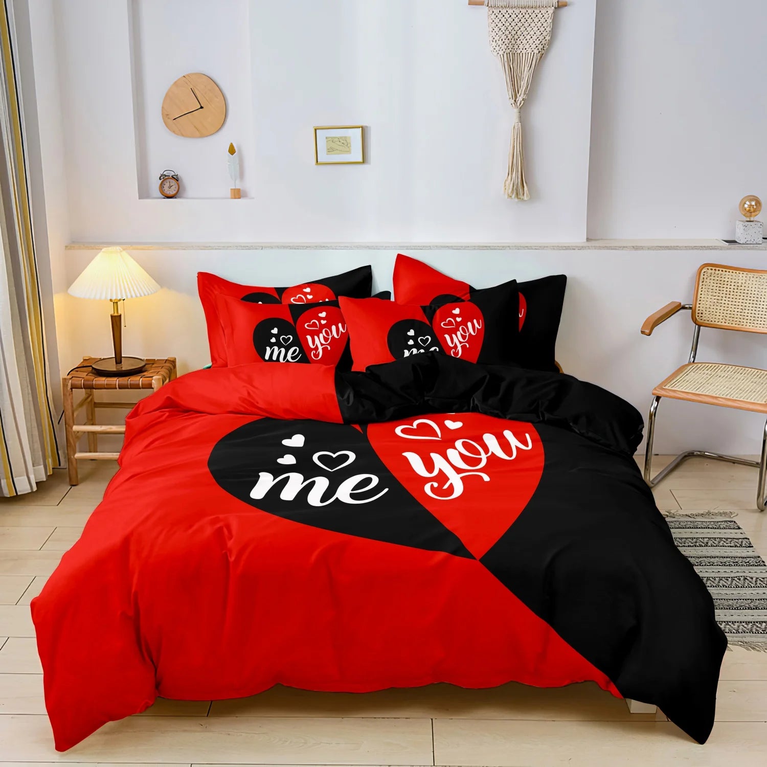 3pcs Heart Print Duvet Cover Set, Red Black Couple Print Bedding, Love Themed Room Decor, Romantic Heart Design Festival Gift