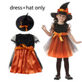 2026 Girls Halloween Cosplay Kids Children Pumpkin Costume Witch Dress Clothing Set With Hat Bag