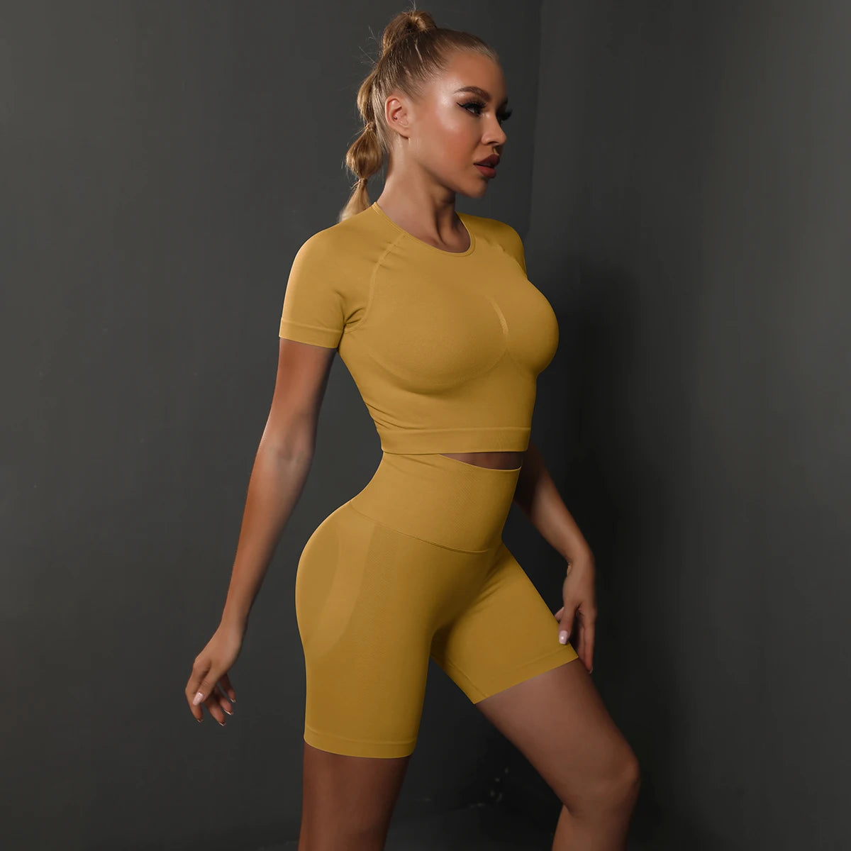 Summer Women Seamless Yoga Set Fitness Sportswear Workout Tracksuit Short Sleeve Crop Top High Waist Shorts Set Gym Clothing