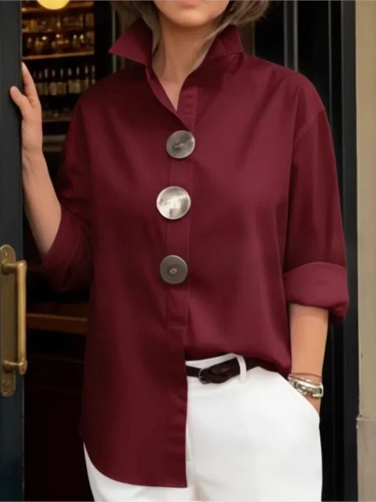 Women Casual Solid Loose Shirt Tops Spring Summer Fashion Lapel Shirt Long Sleeve Blouse Metal Button Top Office Ladies Blouses