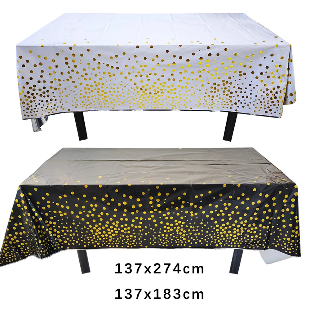 Gold Dot Disposable Tablecloths Plastic White Black Tablecloths for Birthday Wedding Party Waterproof Rectangle Desk Table Cover