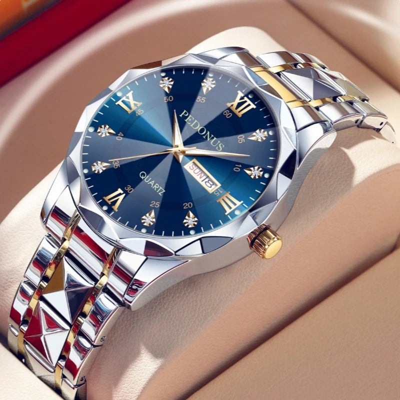 Men's Watch, Fashion Casual Luminous Double Calendar Steel Strap Quartz Watch