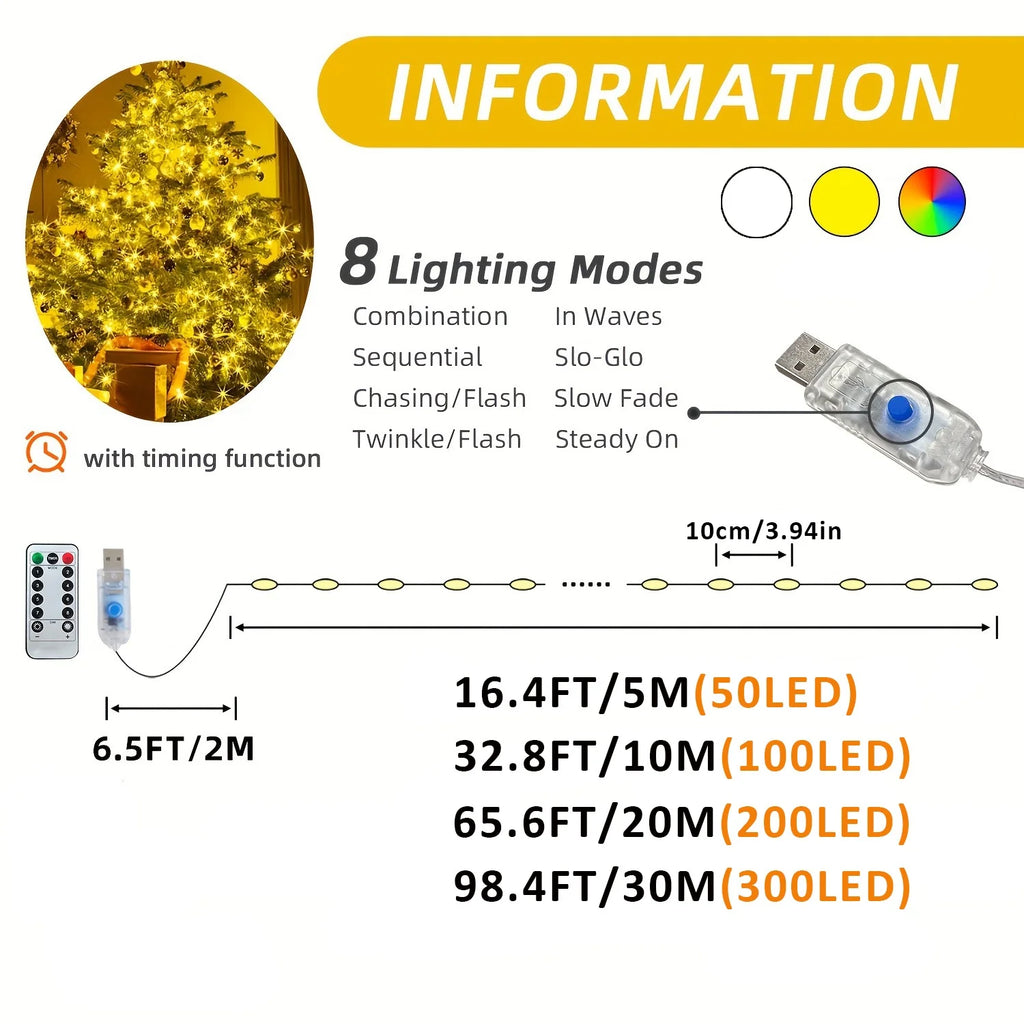 USB Powered LED Green Copper Wire String Lights 8 Modes Fairy Garland Light Holiday Decor Light for Christmas Tree Party Wedding