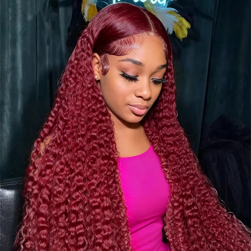99j Burgundy Curly 13x6 Hd Lace Frontal Human Hair Wig Deep Wave Real Colored Brazilian Pre Plucked Wigs For Women 250 Density