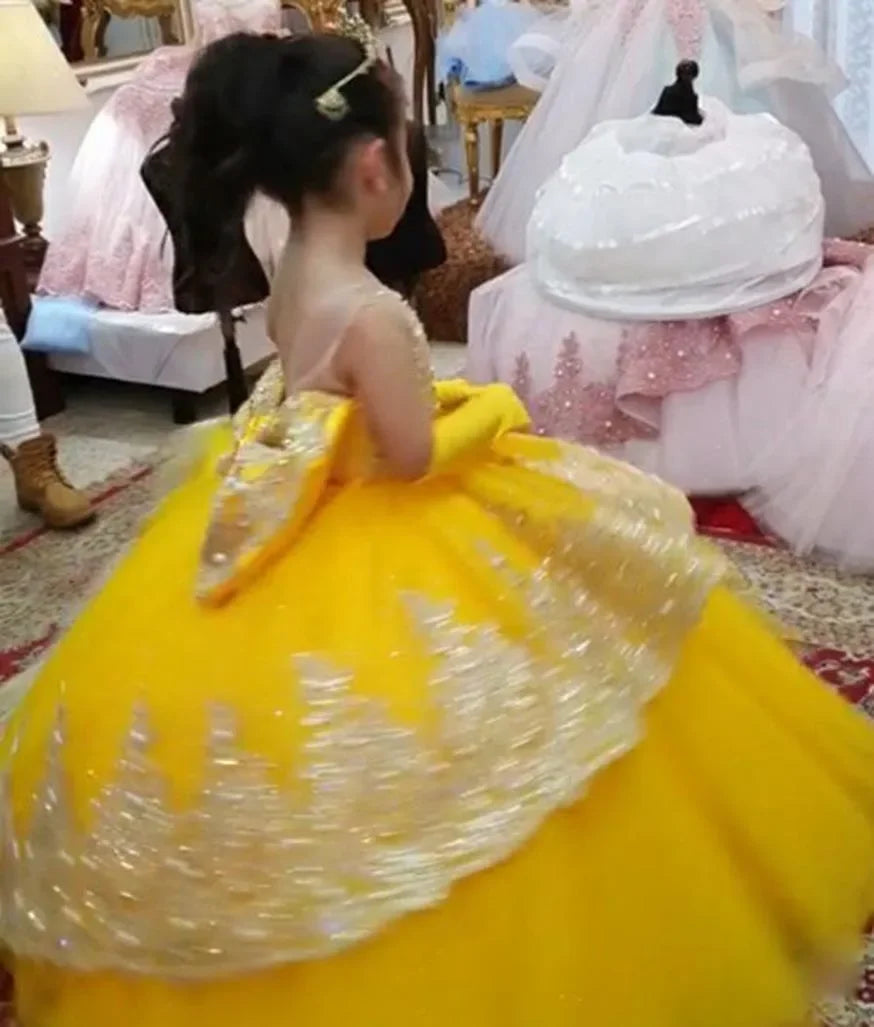 Gold Girls Princess Dress 2024 Tulle Tiered Flower Girl Dress Toddlers Beaded Lace Pageant Dress Customized Birthday Party Gowns