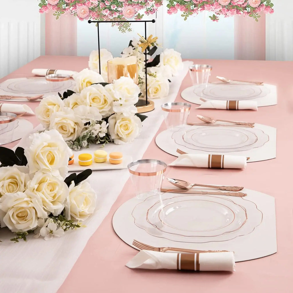 350PCS Rose Gold Plastic Plates - Clear Rose Gold Disposable Dinnerware Set - Include 100 Dinner/Dessert Plates,50 Cups,50 Pre R