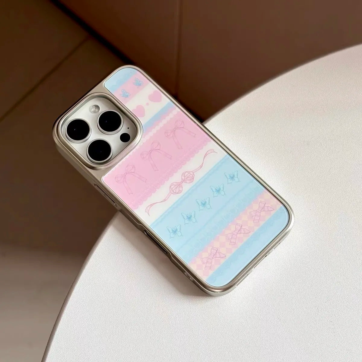 INS KOREAN Pink Forest Morning Post Bow Silver Frame Phone Case for IPhone 16 PLUS 15 14 13 12 11 Pro Max Back Cover Capa