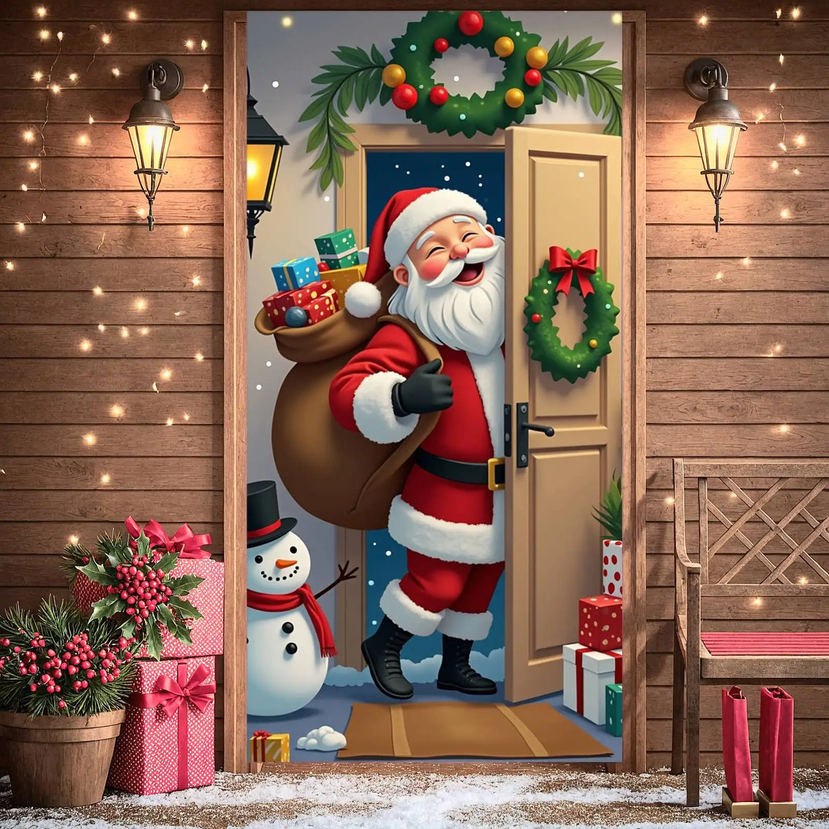 Christmas Door Cover Decorations Santa Claus Send Gift Background Banner for Indoor Outdoor Home Porch Holiday Decor Supplies