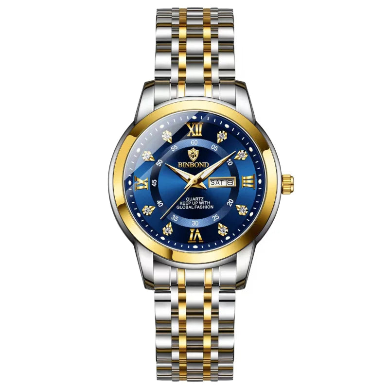 4pcs Men's Blue Gold Two-tone Stainless Steel Classic Diamond Accents Date Day Sunglasses Perfume Quartz Watch Gift Box Set