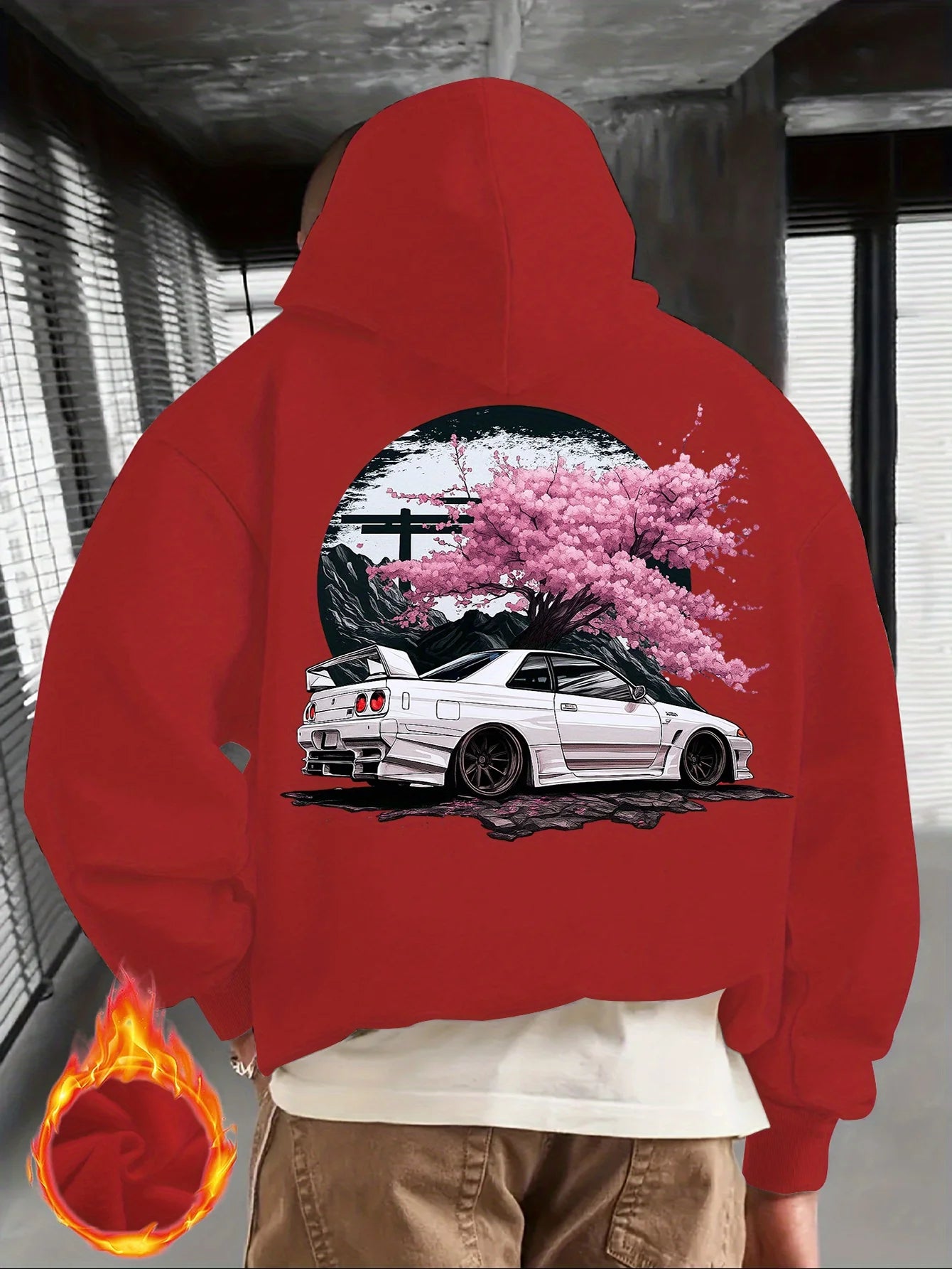 Men's Black Hoodie with White JDM Car and Pink Cherry Blossom Back Print, Japanese Street Style Pullover