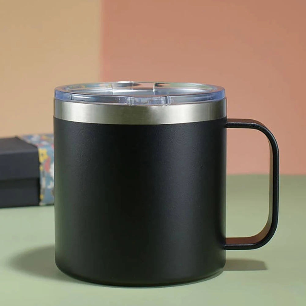 Custom 12oz Coffee Mug With Handle Tumbler Stainless Steel Vacuum Insulated Thermal Beer Cup Travel Thermos with Leakproof Lid