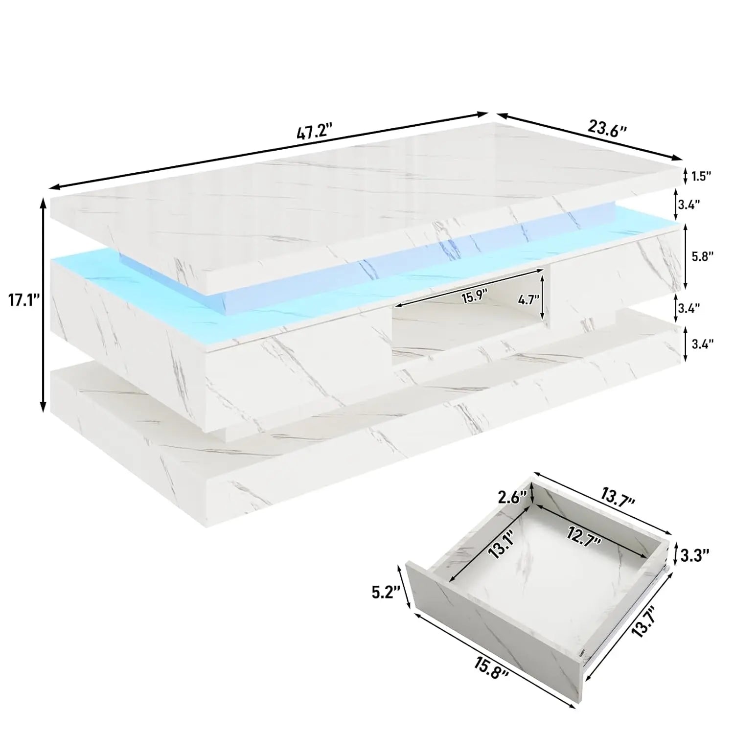 47.2 inch Modern High Glossy LED Coffee Table with 2 Sliding Drawers, Double-Layer Center Tables with LED Lights, Customized