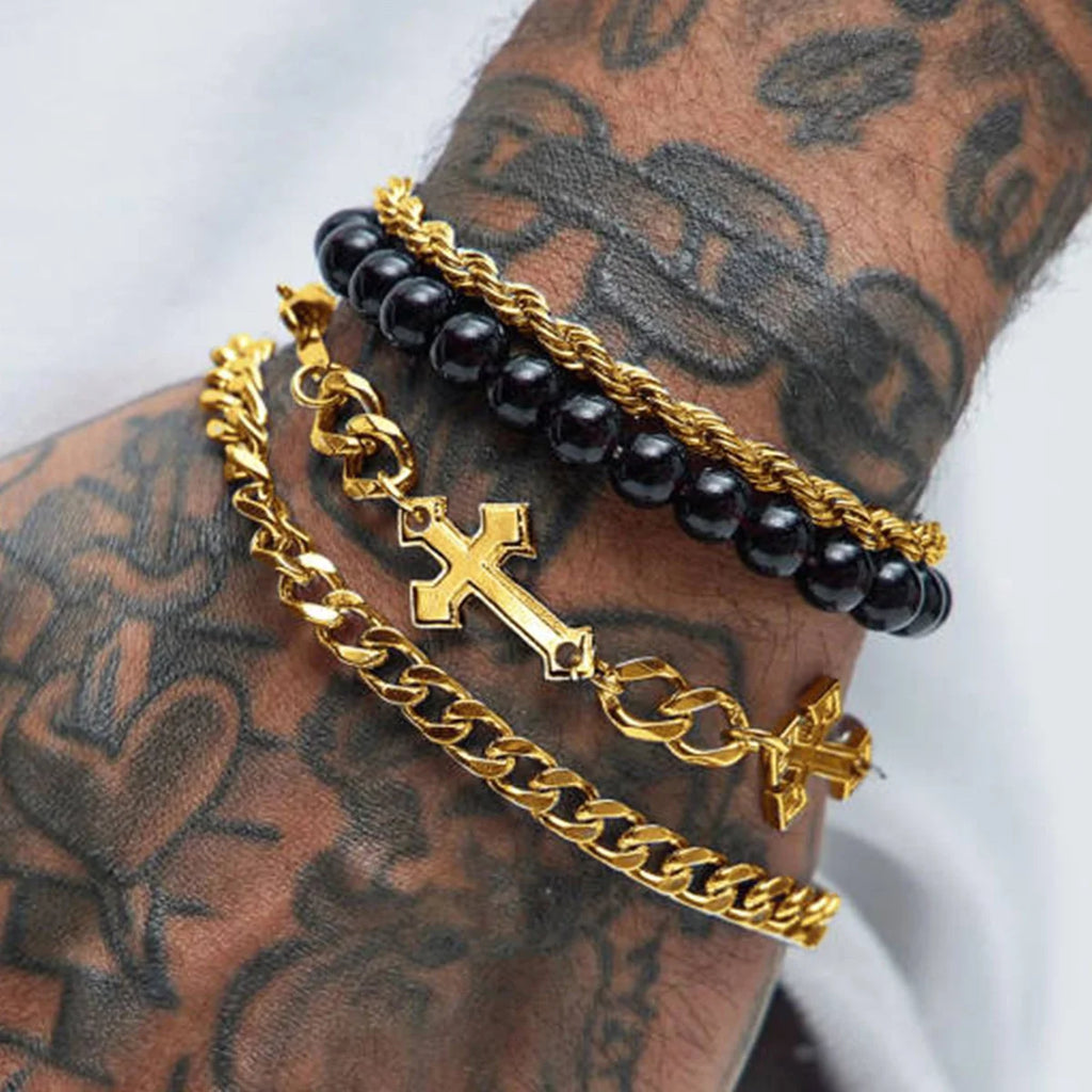 4 Pcs Stainless Steel Bracelet Set For Men Women Punk Fashion Cross Beads Chain Bracelets Simple Hip Hop Unisex Jewelry Gift New