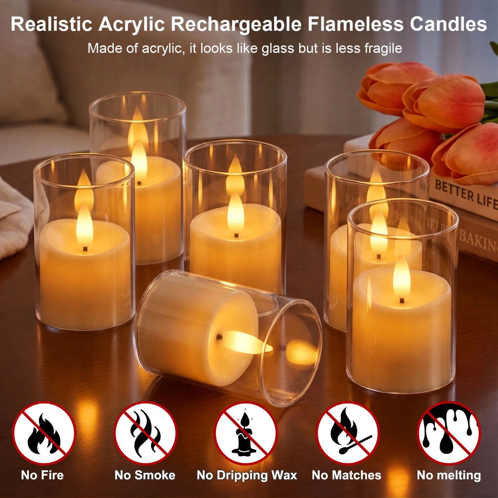 6Pcs Rechargeable Flameless LED Light Candles Crystal Clear Transparent Electronic Night Lamp Flickering Wedding Party Decor