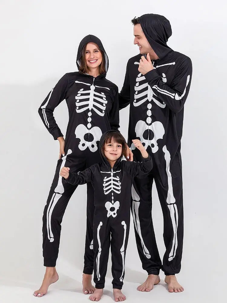 Halloween Scary Skeleton Costume for Adult Kids Family Horror Skull Jumpsuit Carnival Party Hooded Halloween Parent-Child Pajama