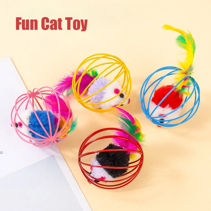 Interactive Cat Toy, Indoor Mouse Toy with Wire Cage for Tossing and Self Play, Boredom Buster for Cats