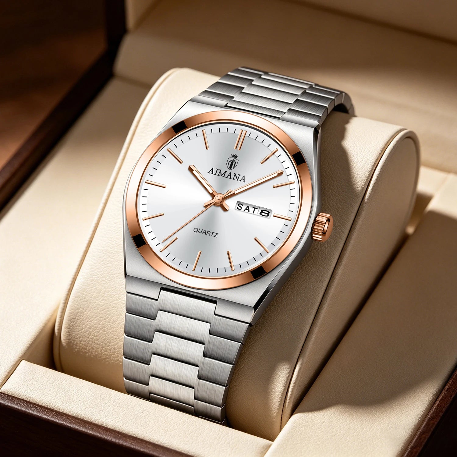 AIMANA Men's Luxury Stainless Steel Strap Watch Waterproof Luminous Date Casual Fashion Quartz Wristwatch Gift for Men