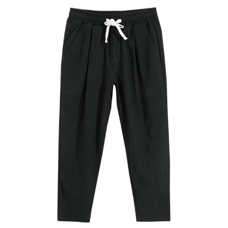 Mens Lightweight Cotton Pants Casual Solid Color Sweatpants Straight Drawstring Baggy Streetwear Breathable Ninth Pants