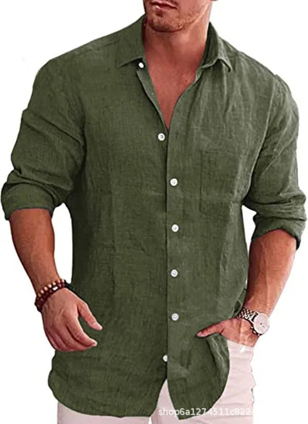 Men's Loose Solid Color Shirt Linen Lapel Long Sleeve Casual
