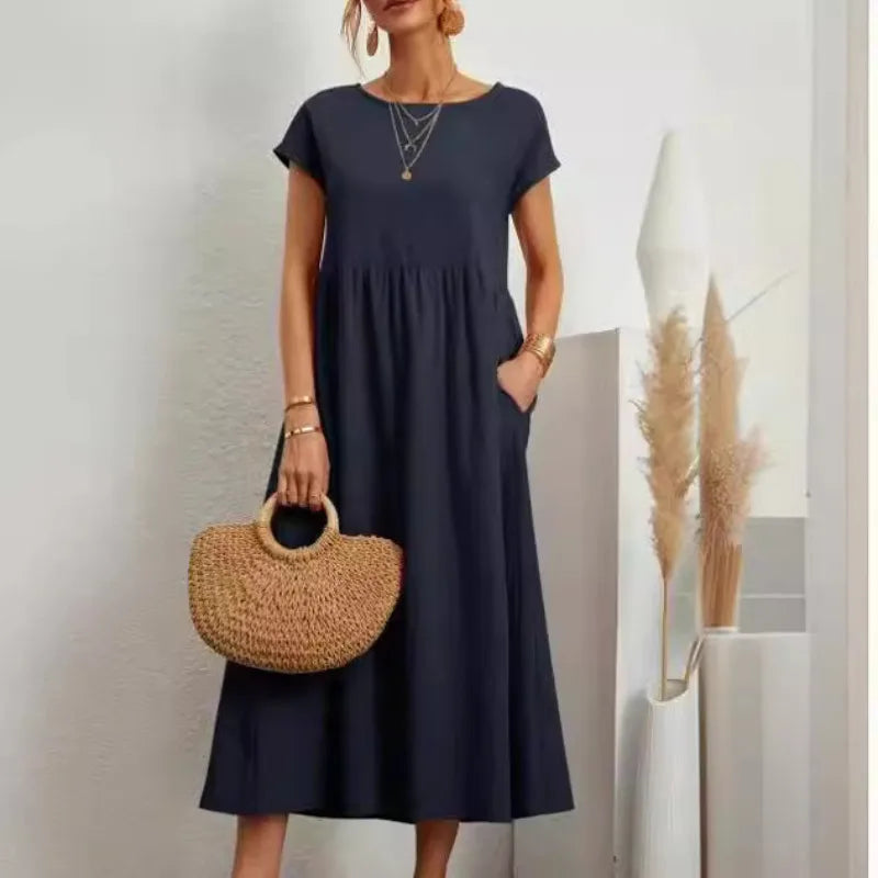 Dresses for Women  Cotton Linen Midi Casual  Short Sleeve Loose A-Line Sundress with Pockets  Solid Color Oversized Long Dress